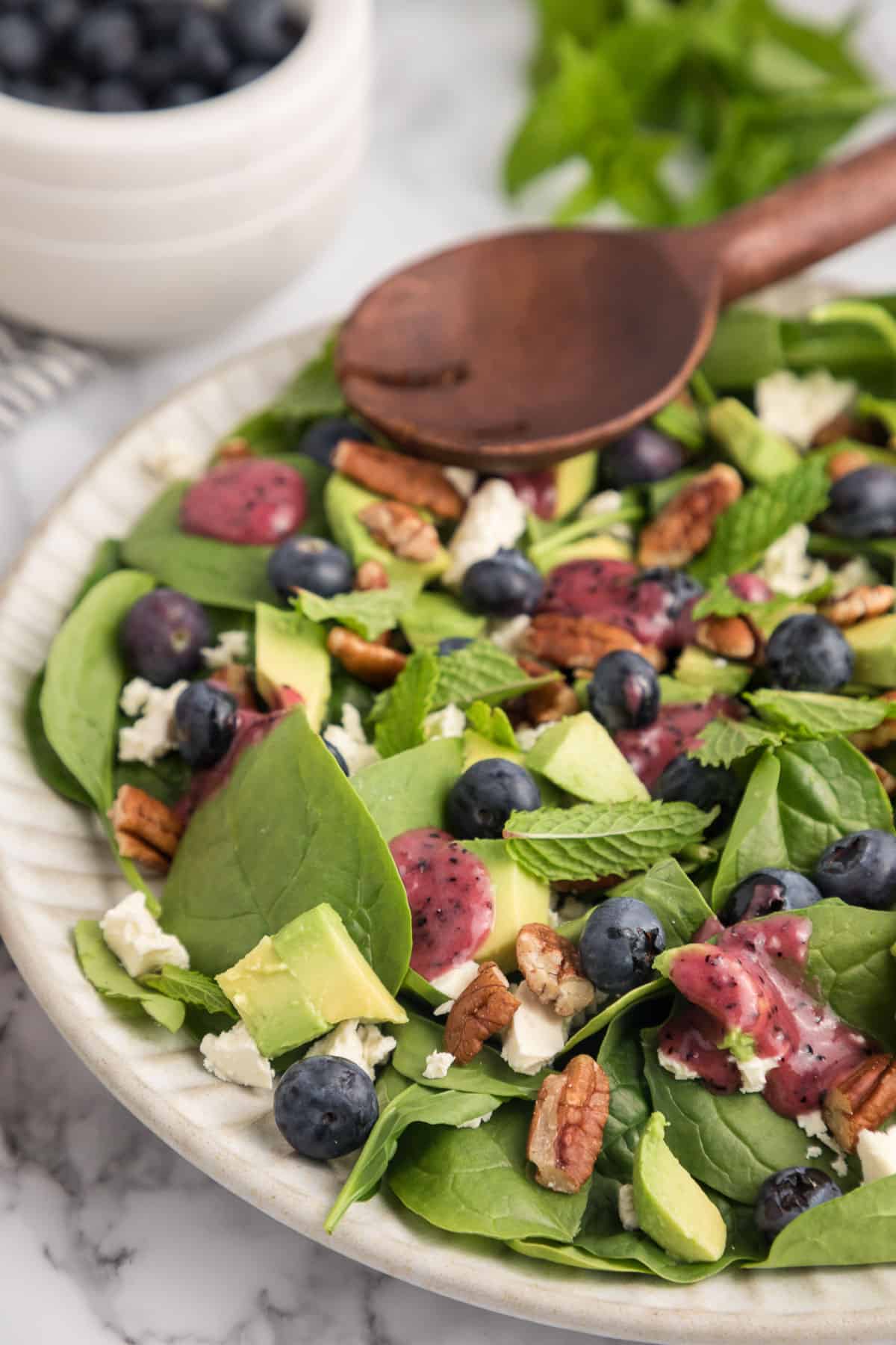 Close up of a spinach blueberry salad on a white plate with a wood server on it and a bowl of blueberries in the background.