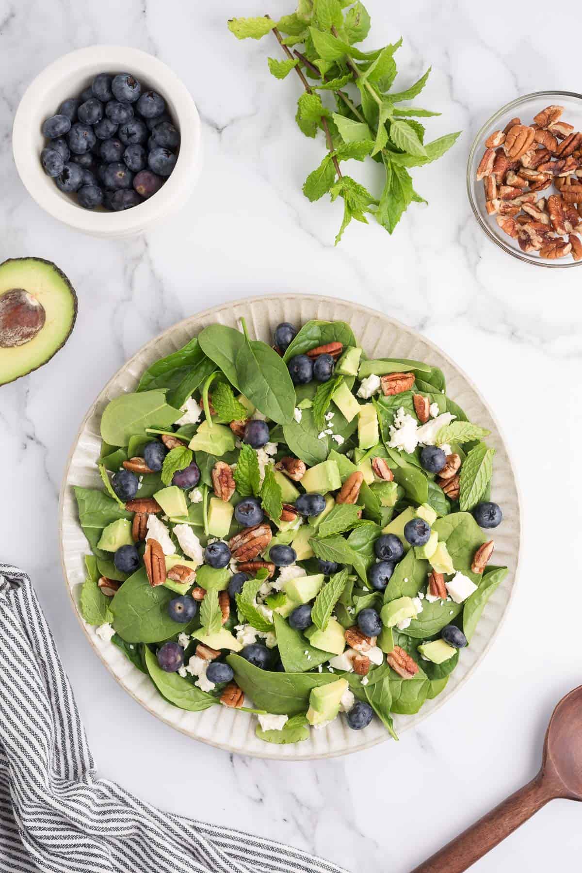 Overhead of a salad with pecan, blueberries, avocado, feta and mint on a white plate with extra ingredients around it.