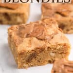 Close up of biscoff blondies with text overlay.