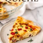 A slice of ham and cheese quiche with text overlay.