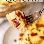 A bite of ham and cheese quiche on a fork with text overlay.