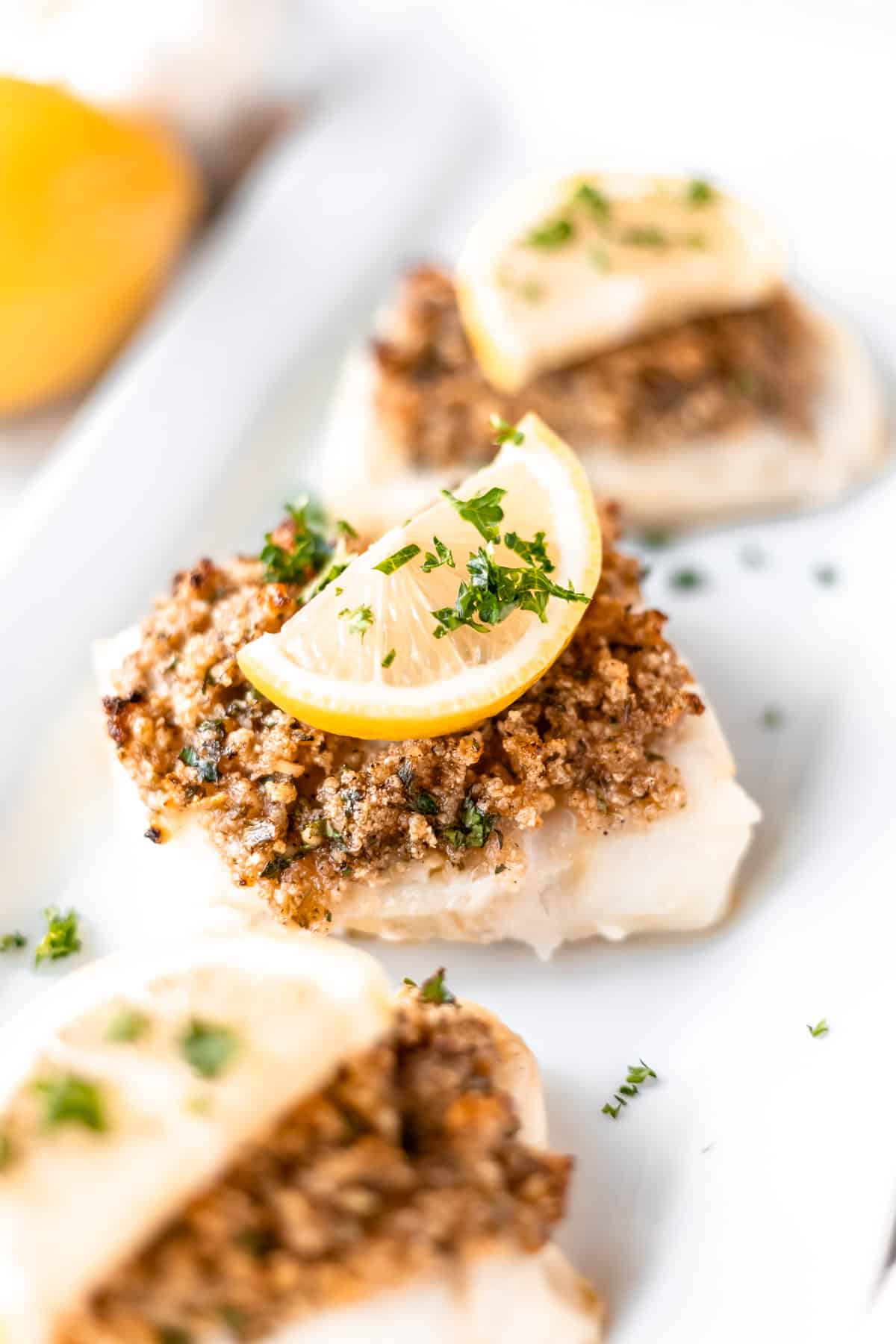 Close up of a cod fillet topped with seasoned panko breadcrumbs and a slice of lemon.