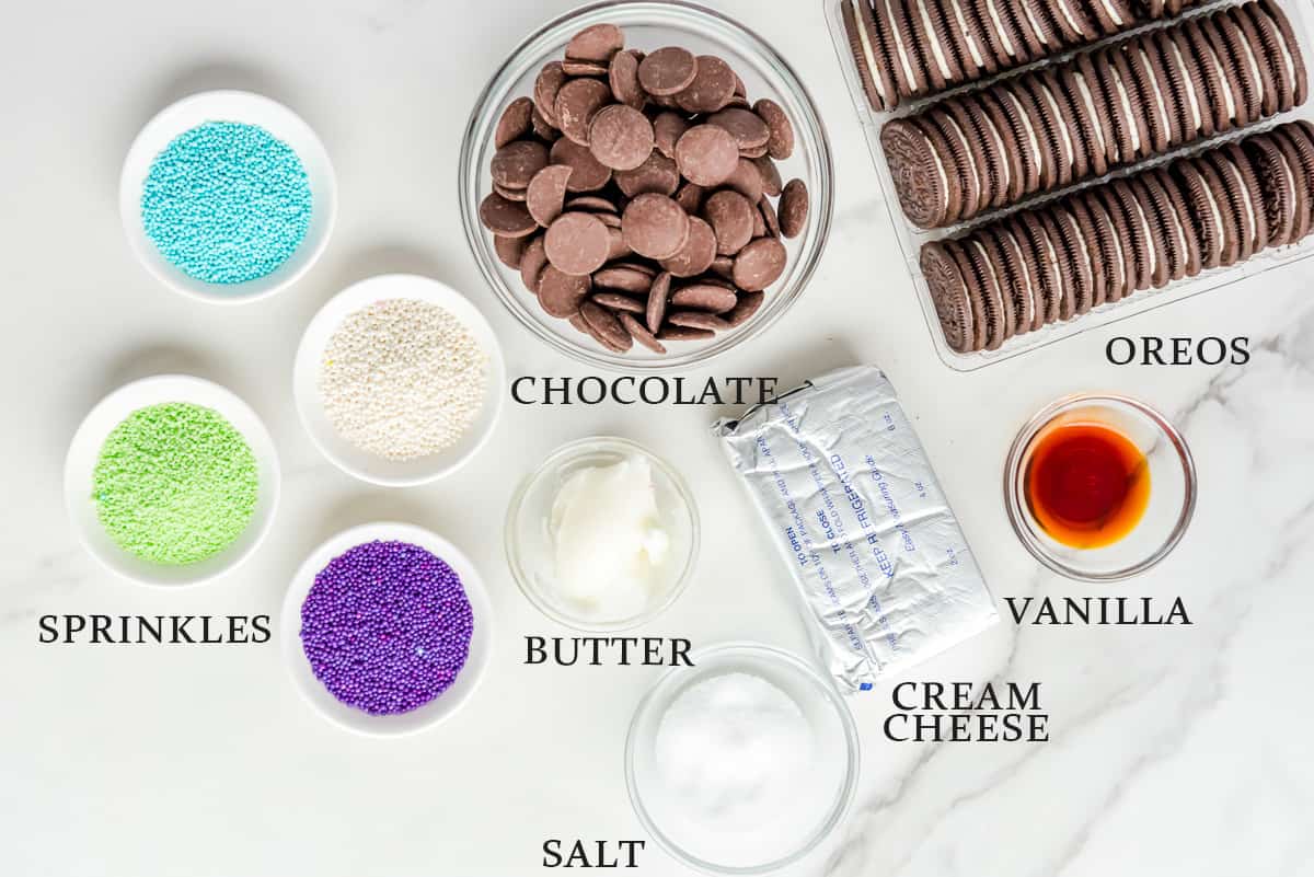 Ingredients needed to make Easter Oreo Truffles with text overlay.