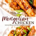 Two images of Mongolian Chicken on rice with text overlay between them.