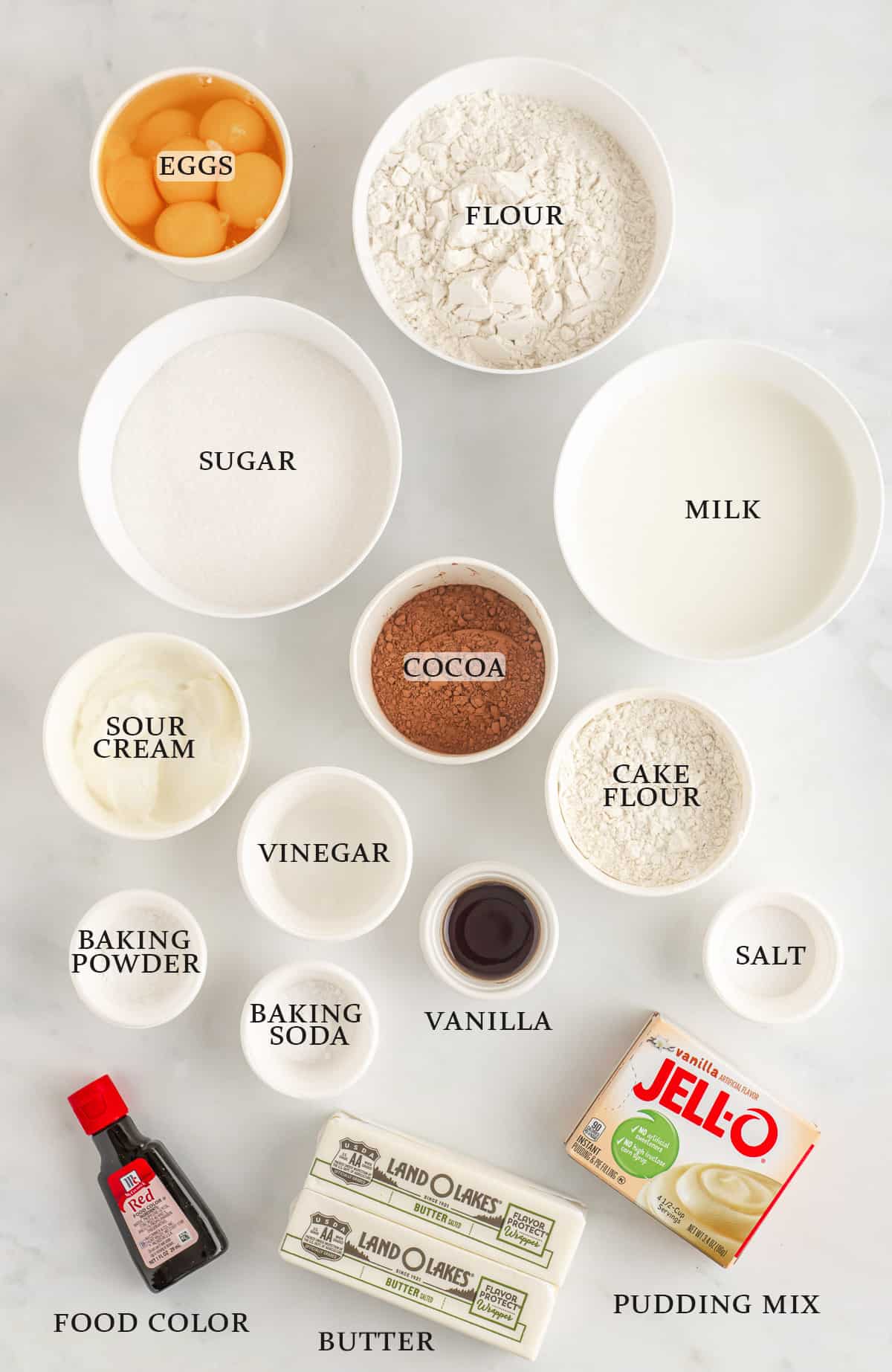 Ingredients needed to make a red velvet pound cake on a white background with text overlay.