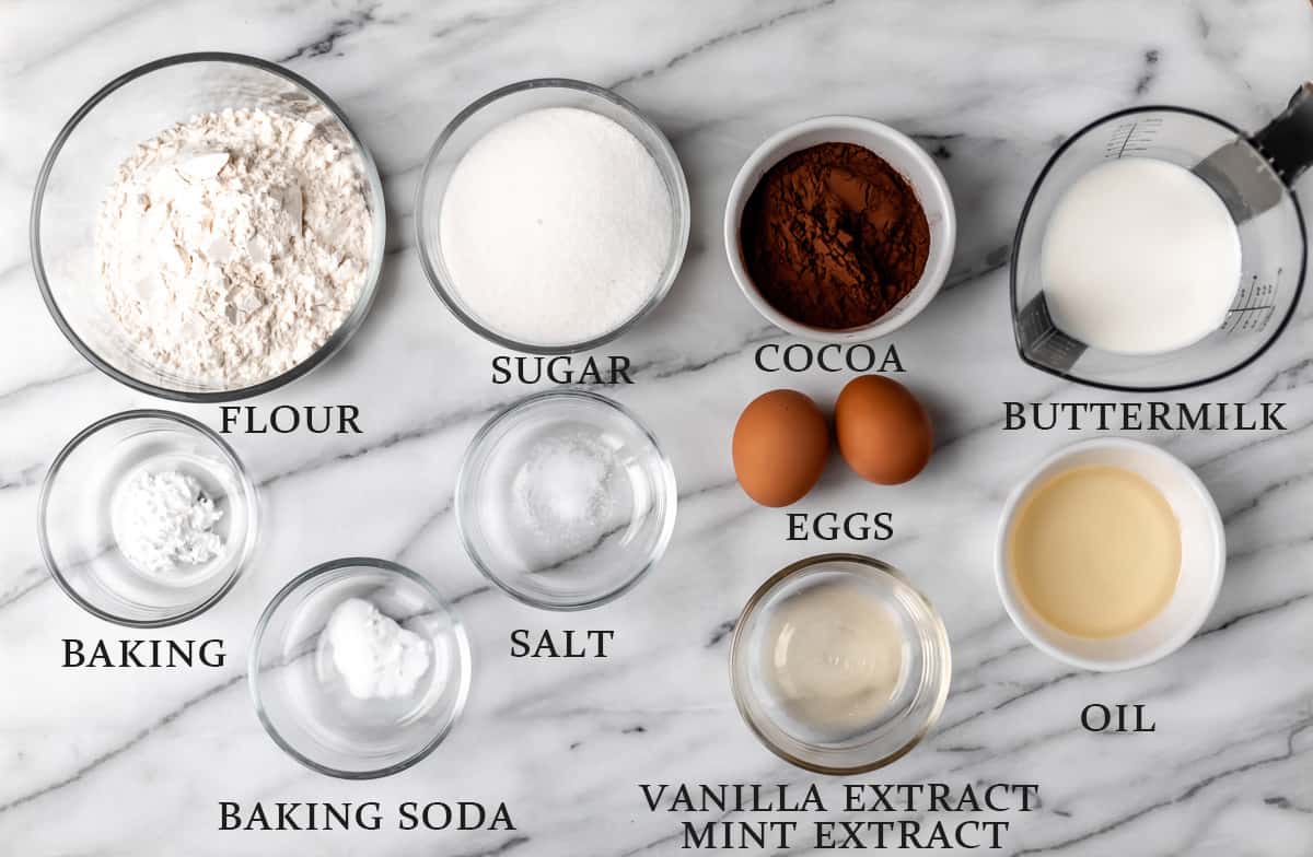 Ingredients needed to make chocolate mint cupcakes in bowls with text overlay.