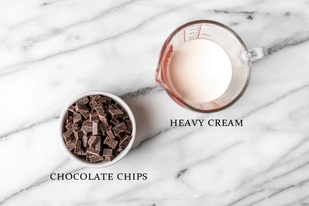 Ingredients needed to make chocolate ganache in bowls with text overlay.