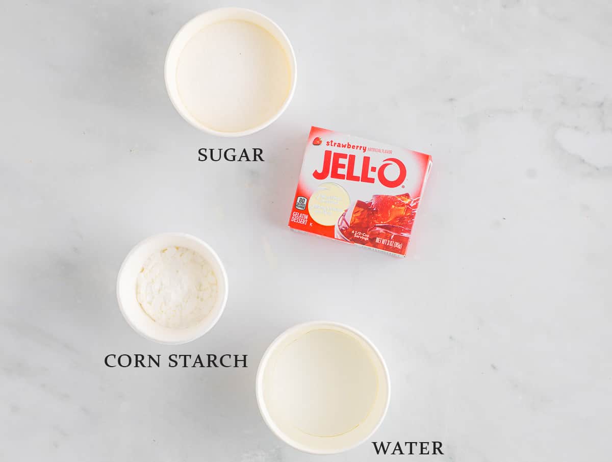 Ingredients needed to. make a Jello topping on a white background with text overlay.