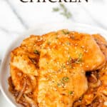 Apricot chicken on a white plate with text overlay.