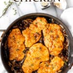 Apricot chicken in a black skillet with text overlay.