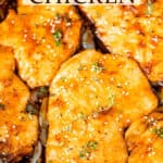 Close up of apricot chicken in a black skillet with text overlay.
