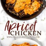 Two images of apricot chicken with text overlay between them.