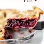 A slice of blackberry pie being lifted up with text overlay.