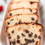 Slices of chocolate chip pound cake with text overlay.