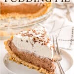 A slice of chocolate Jello pudding pie and text overlay.