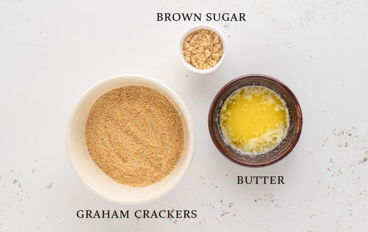 Ingredients to make a graham cracker crust on a white background with text overlay.