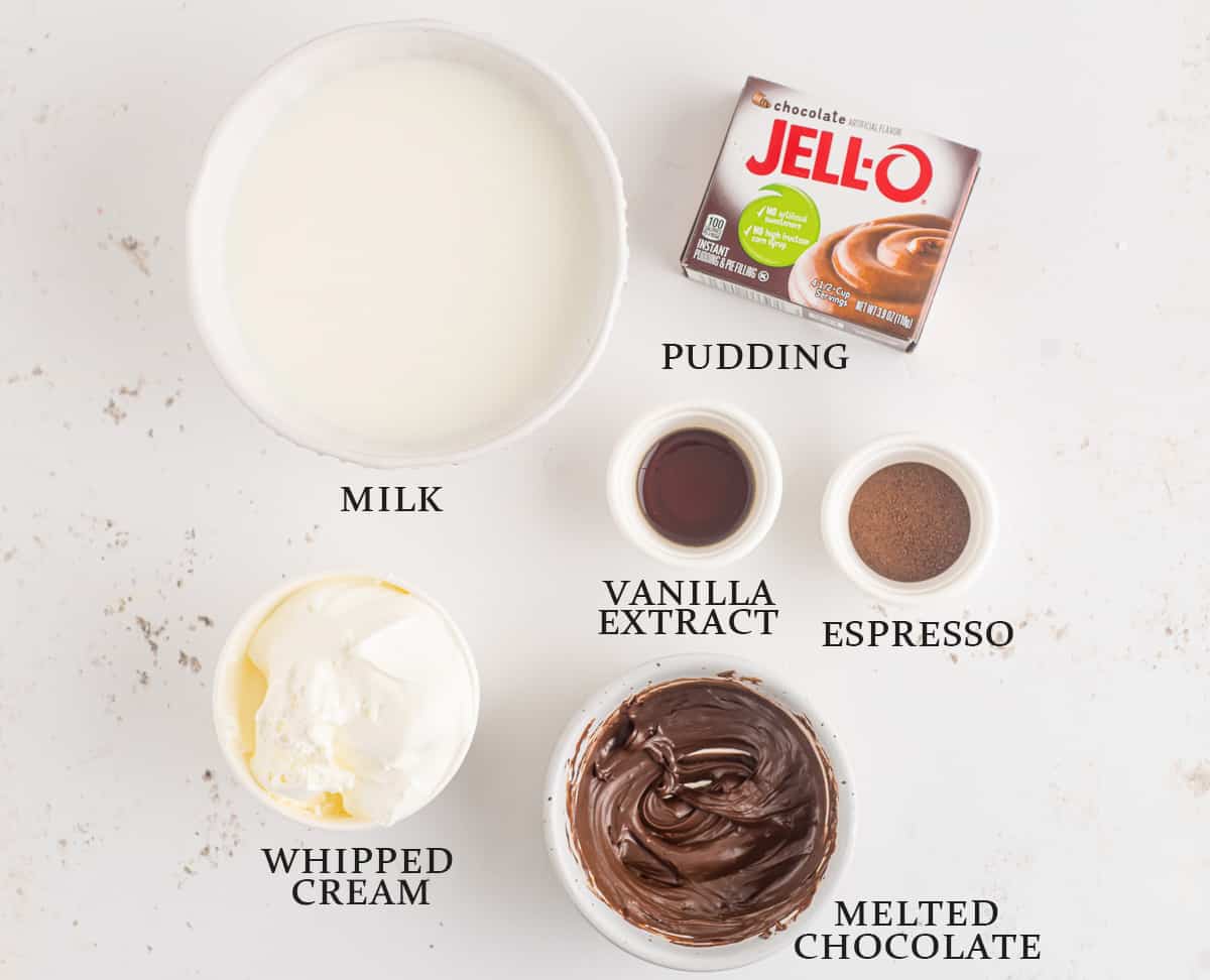 Ingredients to make the filling for a Jello pudding pie on a white background with text overlay.
