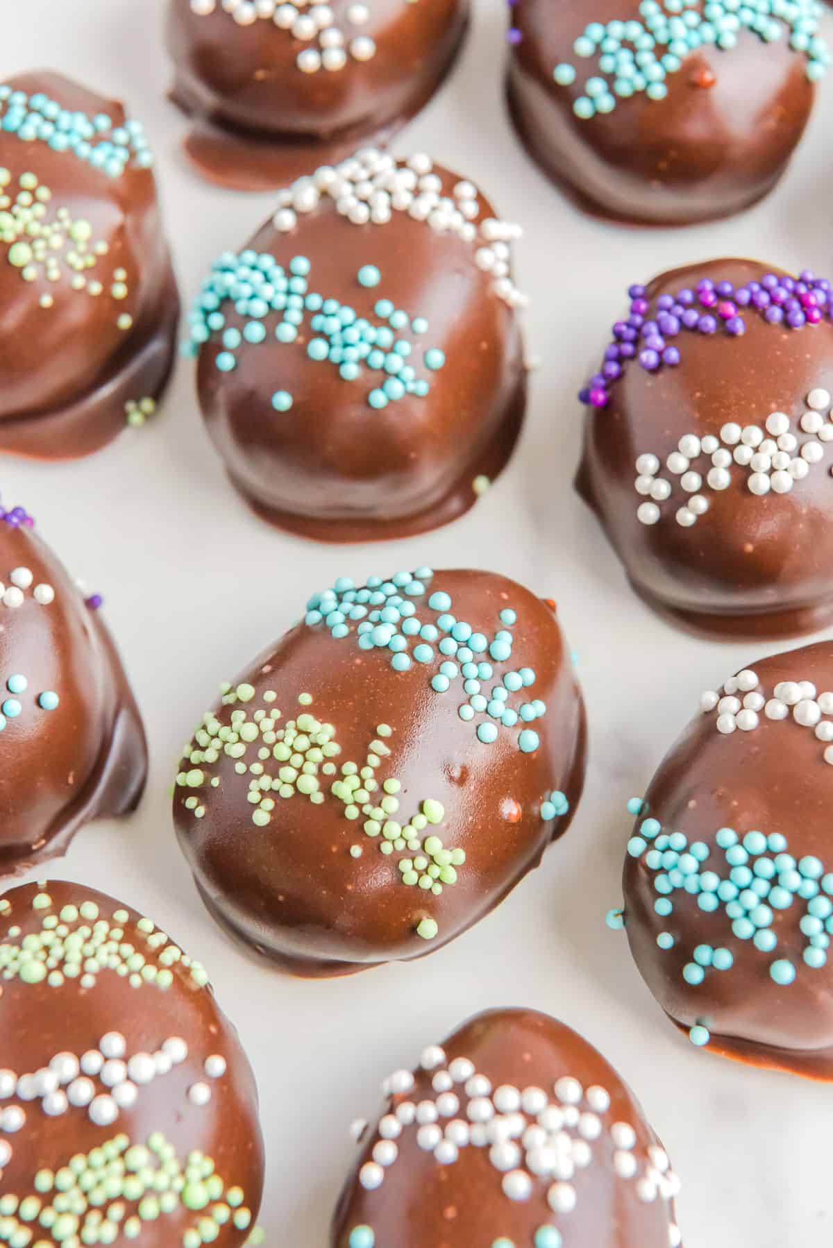 Easter Oreo truffles with different colored sprinkles.
