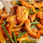 Honey sesame chicken with text overlay.
