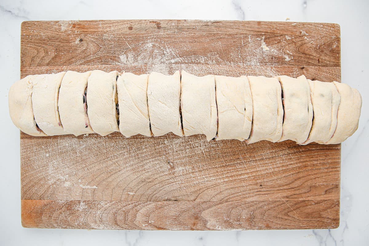 A log of sweet rolls cut into 12 pieces.