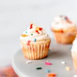 Mini sprinkle cupcakes with text overlay.