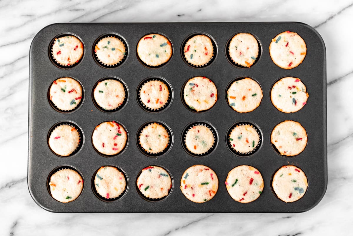 Baked mini funfetti cupcakes in a mini cupcake pan.