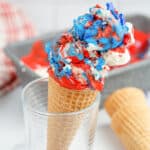 Red, white and blue ice cream in a cone with text overlay.
