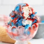 Red, white and blue ice cream in a bowl with text overlay.