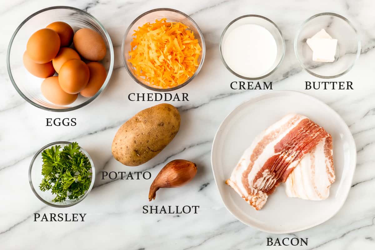 Ingredients needed to make a potato frittata on a white background with text overlay.