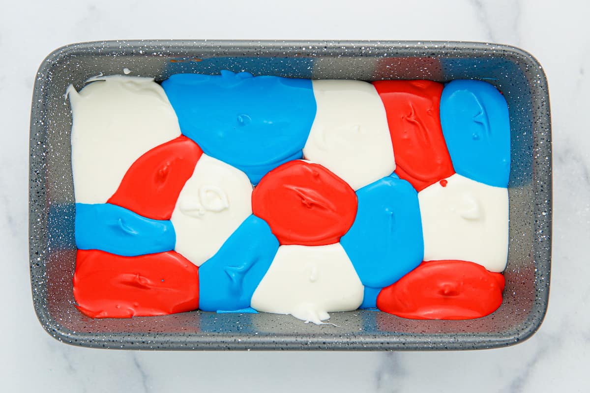 Red, white and blue ice cream batter layered into a loaf pan.