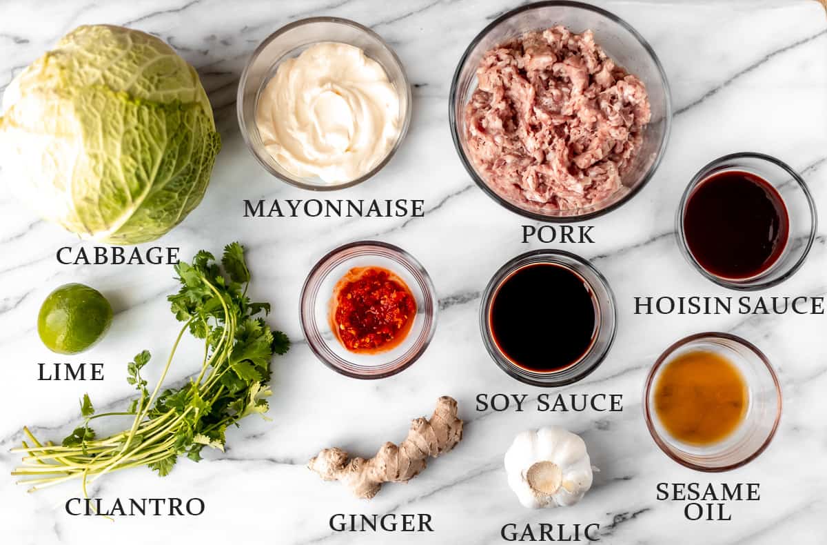 Ingredients needed to make Asian pork tacos on a marble background with text overlay.