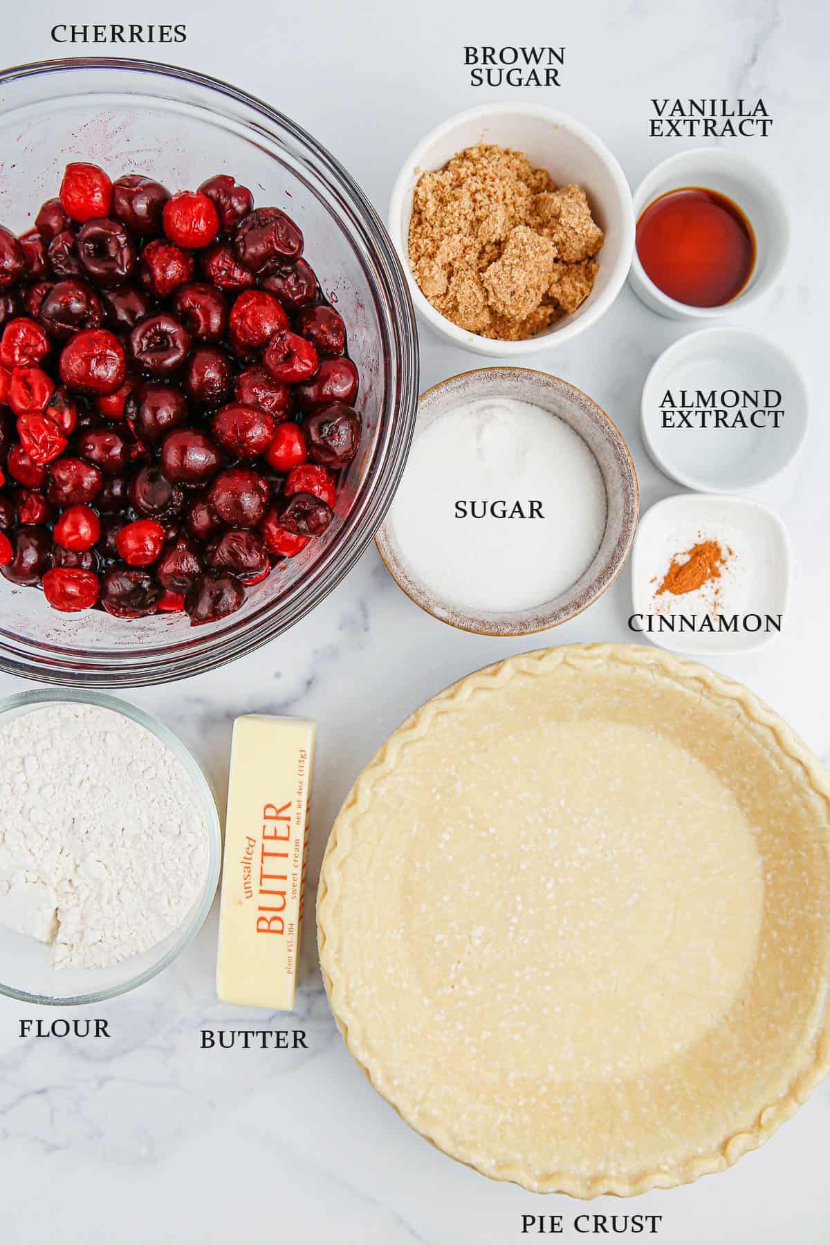 Ingredients needed to make a cherry crumb pie with text overlay.