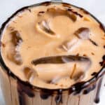Close up of a an iced mocha latte with text overlay.