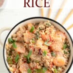 Shrimp cauliflower fried rice in a bowl with text overlay.