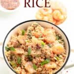 Shrimp cauliflower fried rice in a bowl with text overlay.