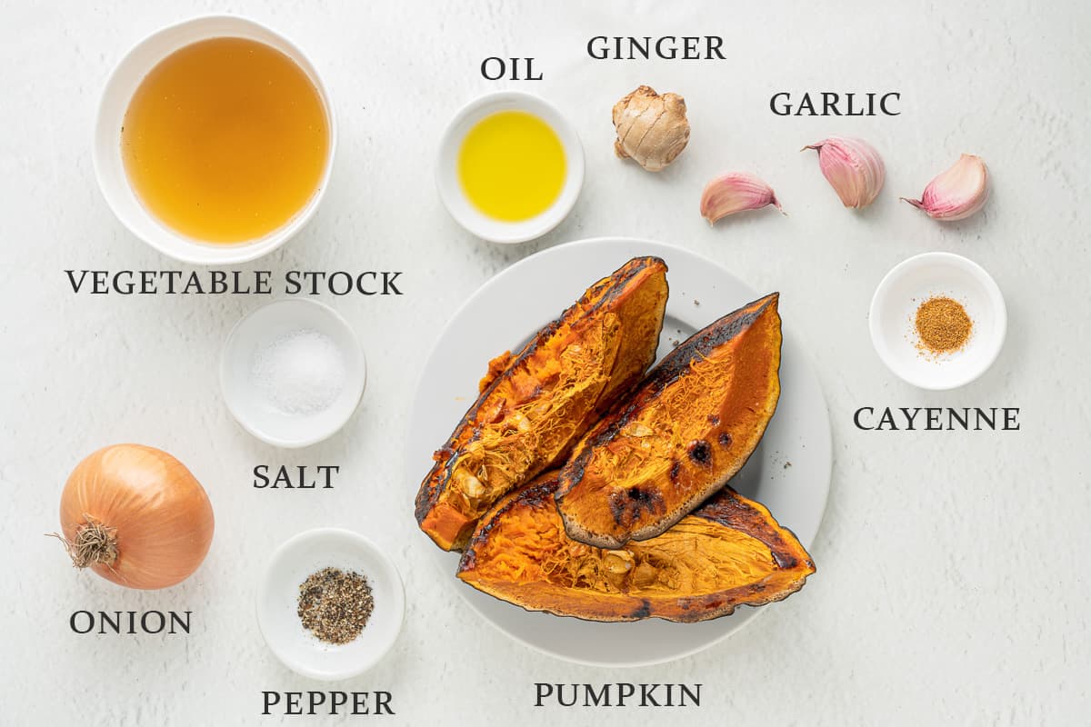 Ingredients needed to. make spicy pumpkin soup with text overlay.