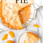 Overhead of an apricot pie and a slice on a plate with apricots around it and text overlay.