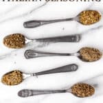 Herbs used in Italian seasoning on small spoons with text overlay.
