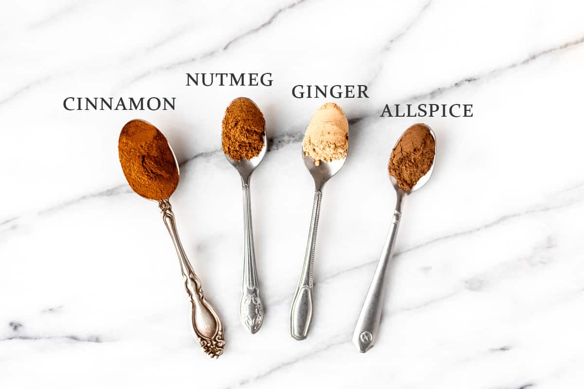 Ingredients needed to make pumpkin pie spice on small spoons with text overlay.