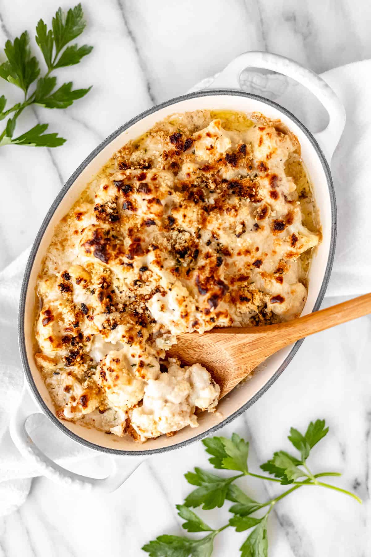 Overhead of an oval baking dish of truffle cauliflower mac and cheese with a wood spoon lifting some up and fresh parsley around it.