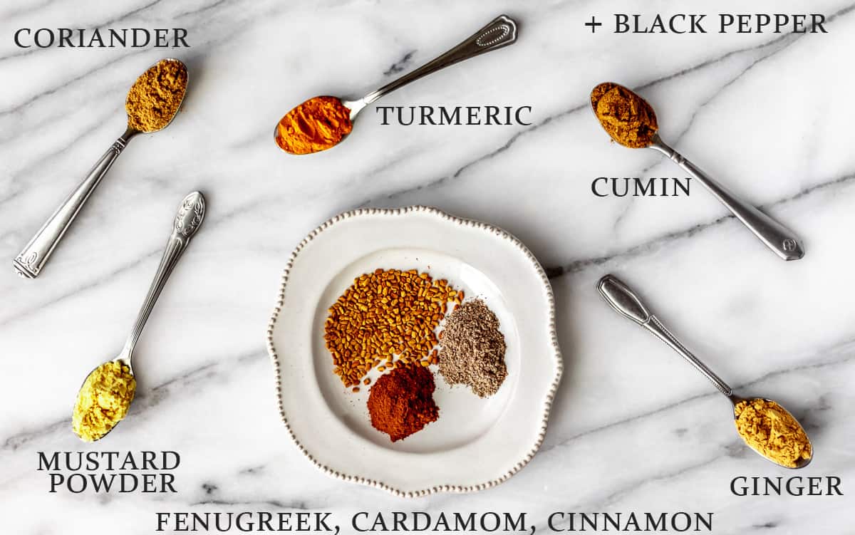 A plate with 3 different seasonings on it and 5 small spoons with different spices over a white marble background with text overlay.