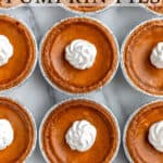 Overhead of 12 mini pumpkin pies with text overlay.