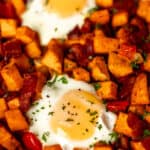 Close up of sweet potato breakfast hash with text overlay.