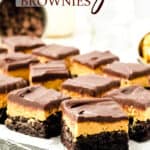Buckeye brownies on a serving tray with text overlay.