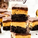 A stack of Buckeye brownies on a serving tray with text overlay.