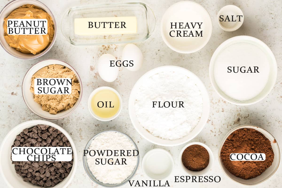 Ingredients needed to make Buckeye Brownies on a white surface with text overlay.