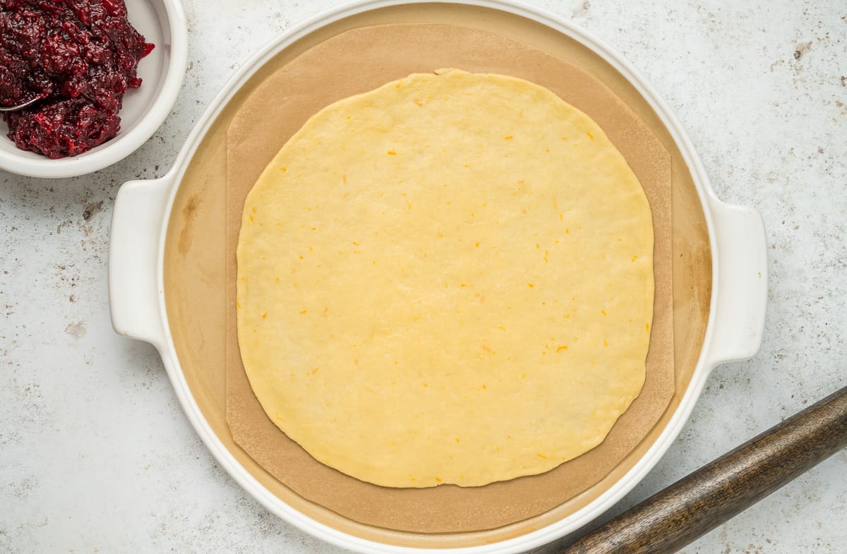 A circle of dough in a round baking sheet.