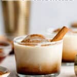 Two Gingerbread White Russians with ingredients and a cocktail shaker around them and text overlay.