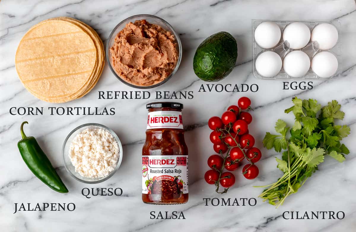 Ingredients needed to make chilaquiles rojos on a marble surface with text overlay.