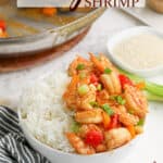 Kung Pao Shrimp in a bowl with text overlay.